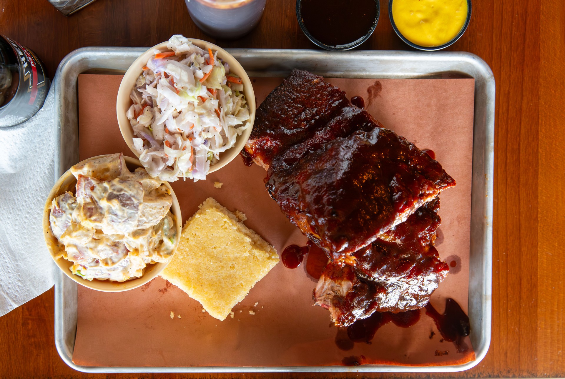 BBQ ribs, cornbread, slaw and potato salad